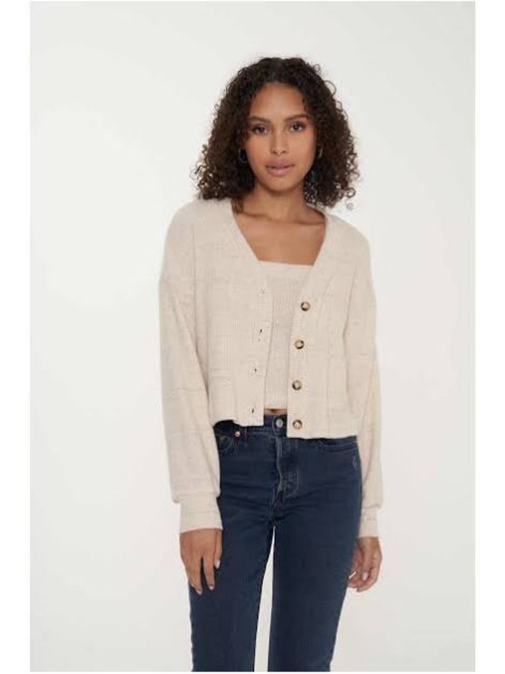 Project Social T Cream V-Neck Button Cardigan Sweater